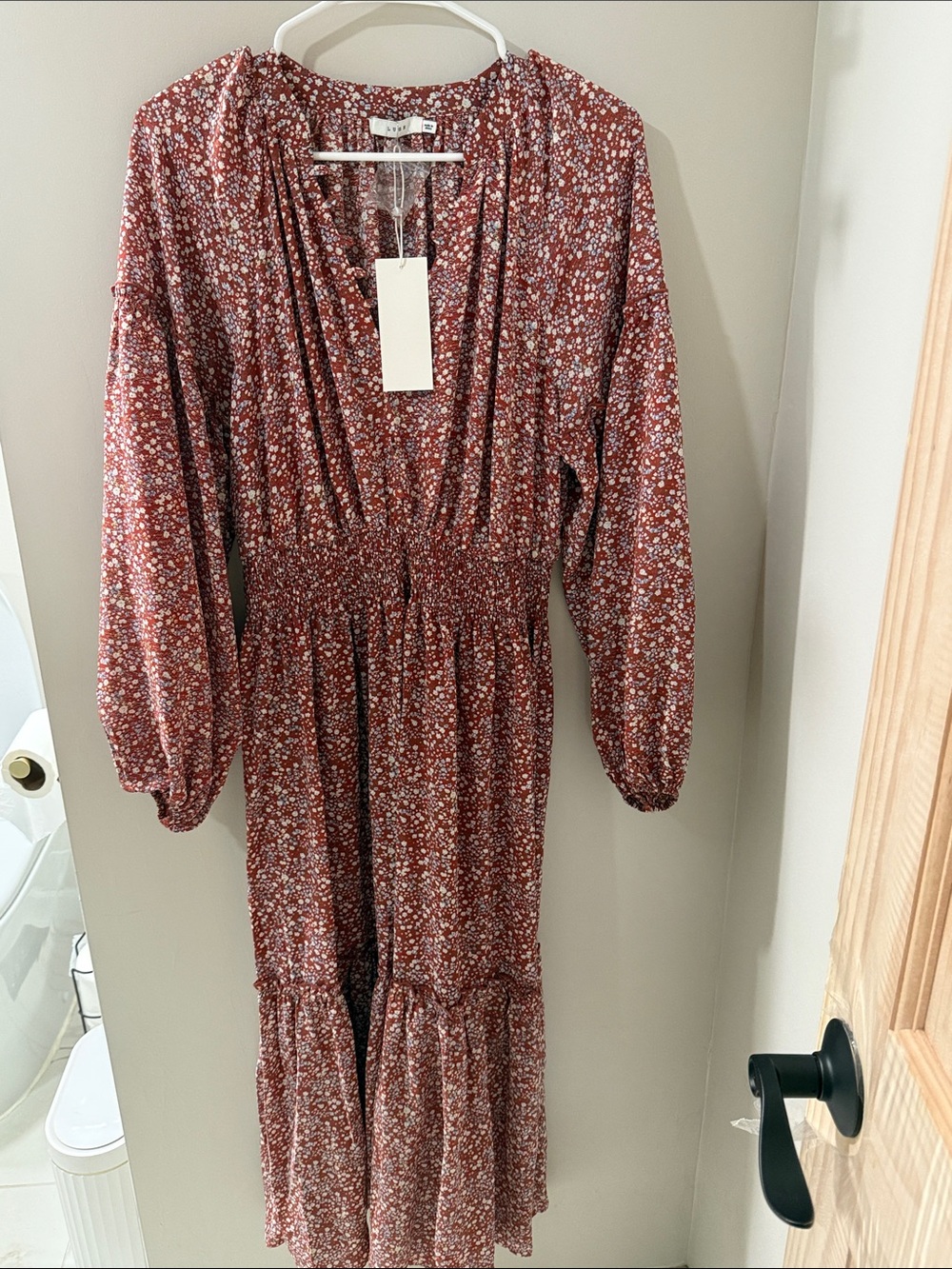 Lush Rust Floral Smocked-Waist Maxi Jumpsuit